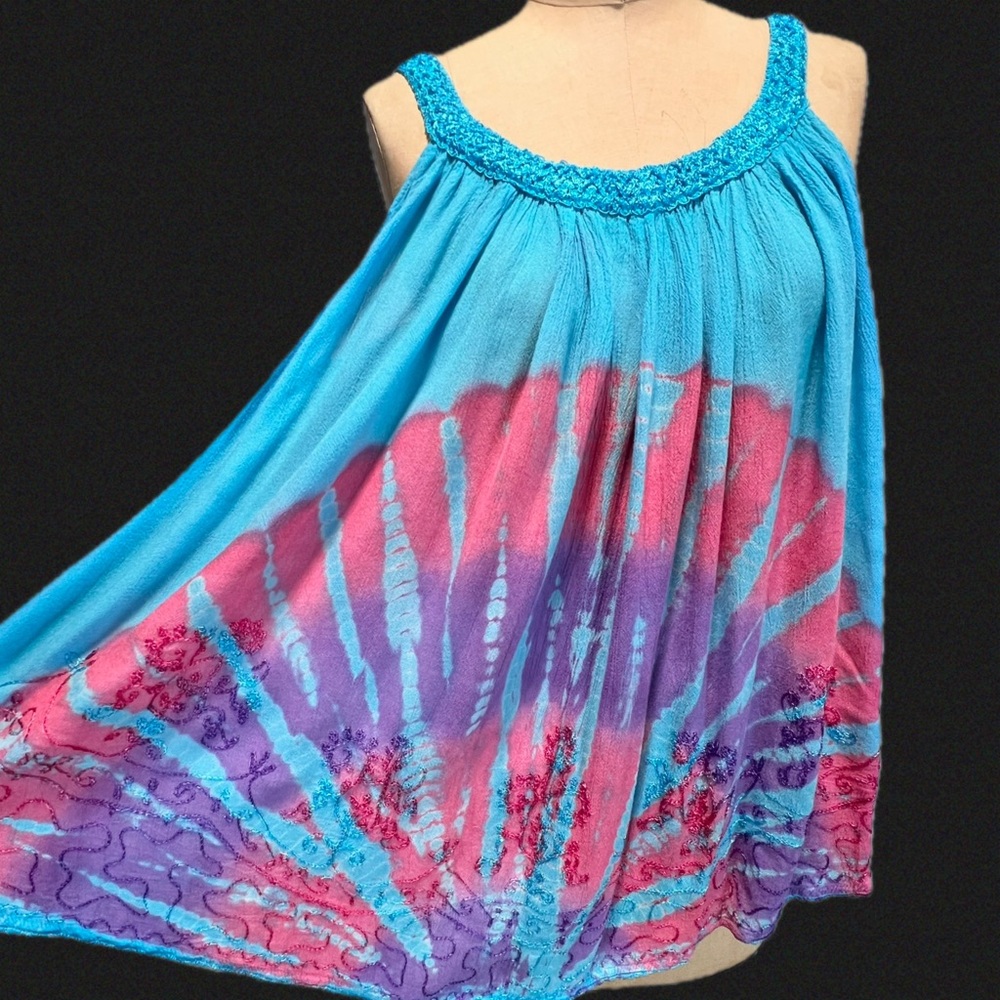 VINTAGE 90s tie dye art swing babydoll tank top embroidered free spirit hippie